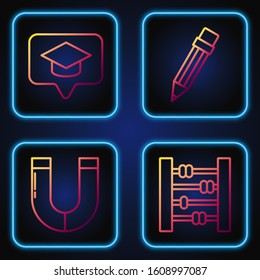 Set line Abacus, Magnet, Graduation cap in speech bubble and Pencil with eraser. Gradient color icons. Vector
