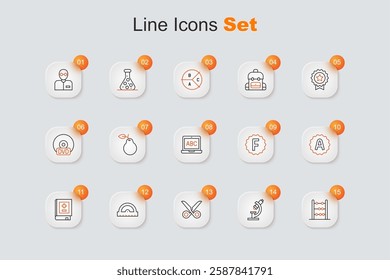 Set line Abacus, Microscope, Scissors, Protractor grid, Book with mathematics, Exam sheet plus grade, paper incorrect answers and Laptop icon. Vector