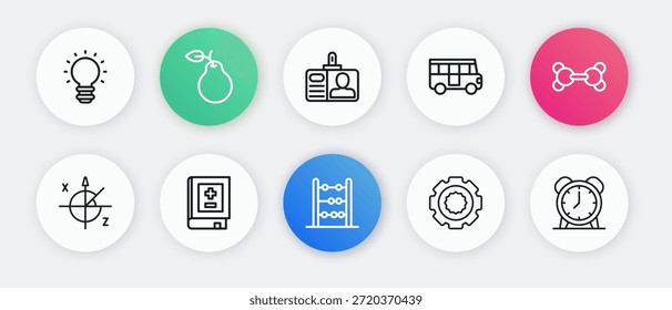 Establecer línea Ábaco, molécula, círculo trigonométrico, engranaje, autobús escolar, insignia de Identificación, reloj despertador y libro con el icono de las matemáticas. Vector