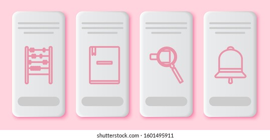 Set line Abacus, Notebook, Magnifying glass and Ringing bell. White rectangle button. Vector