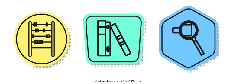 Set line Abacus, Office folders with papers and documents and Magnifying glass. Colored shapes. Vector