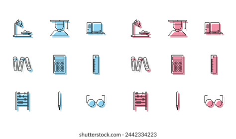 Set line Abacus, Pen, Microscope, Glasses, Calculator, Ruler, Paper clip and Graduate and graduation cap icon. Vector