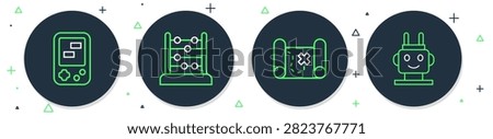 Set line Abacus, Pirate treasure map, Tetris electronic game and Robot toy icon. Vector