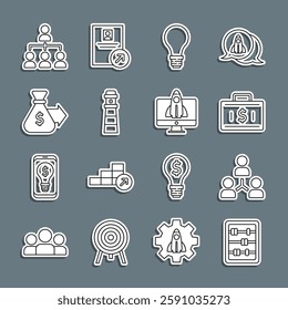 Set line Abacus, Project team base, Briefcase and money, Light bulb with concept of idea, Lighthouse, Money bag, Hierarchy organogram chart and Startup project icon. Vector
