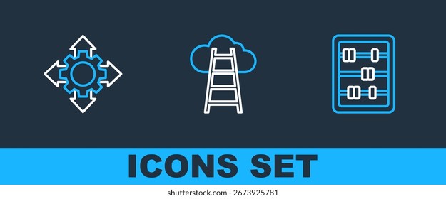 Set line Abacus, Project team base and Stair with finish flag icon. Vector