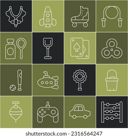 Fijar la línea Abacus, Arena en balde, Fidget spinner, Roller skate, Shovel juguy botellas de burbujas de jabón, Slingshot y el icono de cartas de juego. Vector