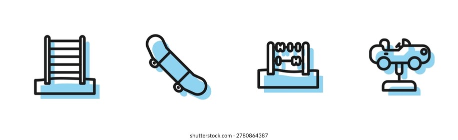 Set line Abacus, Swedish wall, Skateboard trick and Swing car icon. Vector