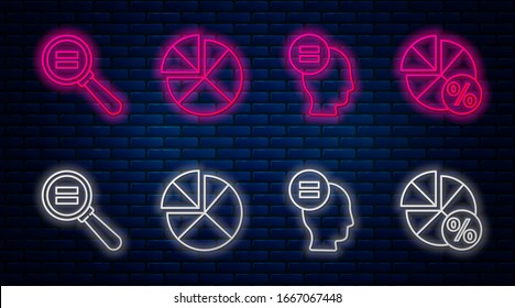 Establezca la línea Abacus, la hoja de prueba o examen, el clip de papel y la solución Ecuación. Icono de neón brillante en la pared de ladrillo. Vector