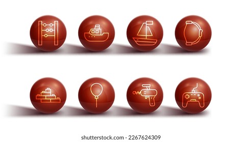 Fijar la línea Abacus, ladrillos de bloques de construcción de juguetes, juguete Bow, pistola Ray, globos con cinta, barco, Gamepad e icono. Vector