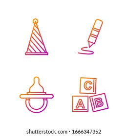 Set line ABC blocks, Baby dummy pacifier, Party hat and Wax crayon for drawing. Gradient color icons. Vector
