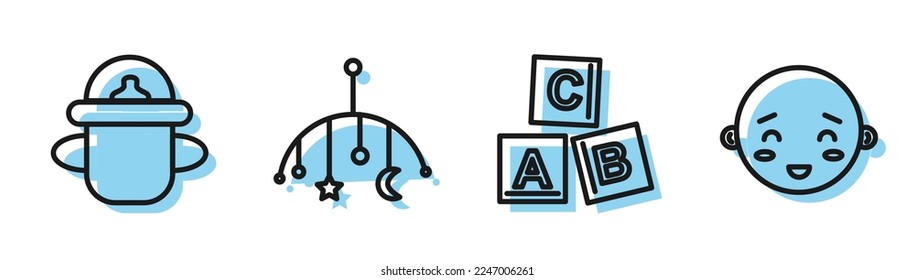 Fijar los bloques ABC, botella de bebé, cuna de bebé colgando juguetes y el icono feliz de la cabeza de niño pequeño. Vector