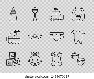 Set line ABC blocks, Baby hands print, Toy car, Happy little girl head, bottle, Folded paper boat, cutlery with fork spoon and clothes icon. Vector