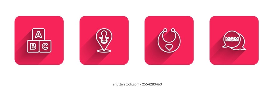 Set line ABC blocks, Baby dummy pacifier, bib and Speech bubble mom with long shadow. Red square button. Vector