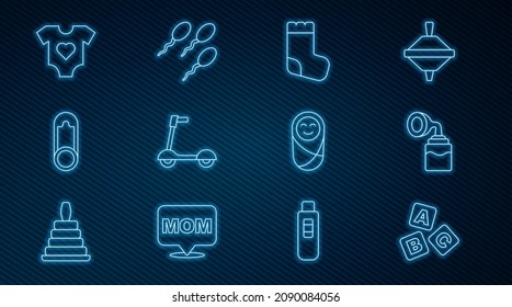 Set line ABC blocks, Breast pump, Baby socks, Roller scooter, clothes pin, Newborn baby infant swaddled and Sperm icon. Vector