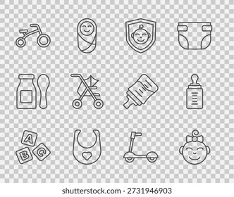 Bloques ABC, cabeza de niña, bebé en el escudo, babero, bicicleta para niños, cochecito, patinete e icono de la botella. Vector
