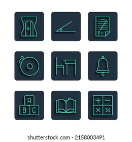 Set line ABC blocks, Open book, Calculator, Exam paper with incorrect answers, School table and chair, Ringing alarm bell, Pencil sharpener and  icon. Vector