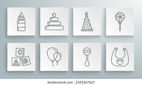 Set line ABC blocks, Pyramid toy, Balloons with ribbon, Rattle baby, Baby bib, Party hat, Lollipop and bottle icon. Vector