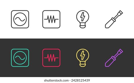 Set line AC voltage source, Resistor in electronic circuit, Creative lamp light idea and Screwdriver on black and white. Vector