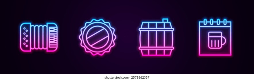 Set line Accordion, Bottle cap, Wooden barrel and Saint Patricks day calendar. Glowing neon icon. Vector