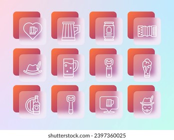 Set line Accordion, Bottle opener, Wooden beer mug, Glass of, Beer can, Heart with glass and  icon. Vector