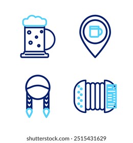 Set line Accordion, Braid, Alcohol beer bar location and Wooden mug icon. Vector