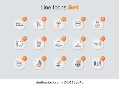 Set line Accordion, Golden leprechaun coin, Pot of gold with rainbow, Glass beer, Drum drum sticks, Trumpet, Leprechaun hat and  icon. Vector