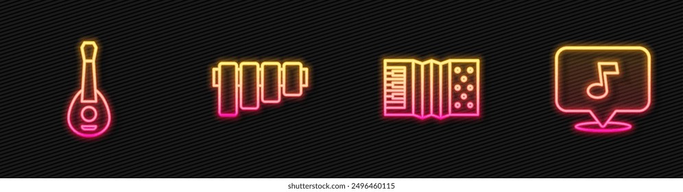 Set line Accordion, Guitar, Pan flute and Music note, tone. Glowing neon icon. Vector