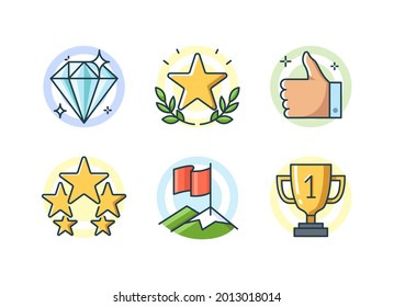 Set of line Achievement and Success icons: Best, Like, Cup, Favourite symbol. Isolated colored vector symbols on a white background, EPS10