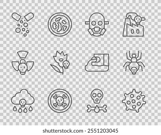 Set line Acid rain, Bacteria, Gas mask, Bones and skull, Poisoned pill, flower,  and Poisonous spider icon. Vector