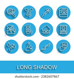 Set line Acid rain, Beaker with toxic liquid, Poison magnifying glass, Snake, Drop of mercury, Antidote, Radioactive waste barrel and  icon. Vector