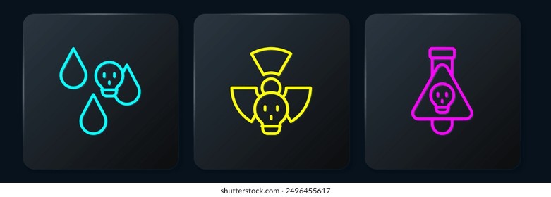 Set line Acid rain, Bottle with potion and Radioactive. Black square button. Vector