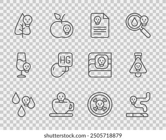 Set line Acid rain, Cigarette, Radiation warning document, Coffee cup with skull, Poison flower, Drop mercury, Bones and and Bottle potion icon. Vector