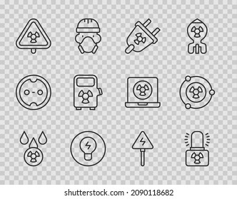Set line Acid rain and radioactive cloud, Radiation electrical plug, Light bulb with concept of idea, Triangle radiation, Electric car charging station, High voltage sign and  icon. Vector
