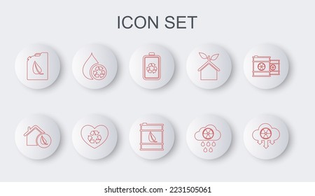 Set line Acid rain and radioactive cloud, Eco friendly house, Battery with recycle, Bio fuel canister, Recycle clean aqua, heart and barrel icon. Vector