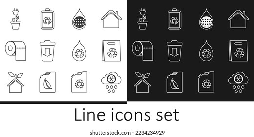 Set line Acid rain and radioactive cloud, Earth planet water drop, Send to the trash, Toilet paper roll, Electric saving plug pot, Recycle clean aqua and Battery icon. Vector