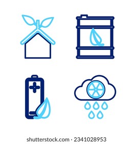 Set line Acid rain and radioactive cloud, Eco nature leaf battery, Bio fuel barrel and friendly house icon. Vector