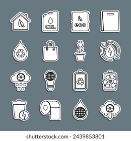 Set line Acid rain and radioactive cloud, Battery with recycle, Recycle clean aqua, Bio fuel barrel, Shopping bag, Eco friendly house and Electric saving plug pot icon. Vector