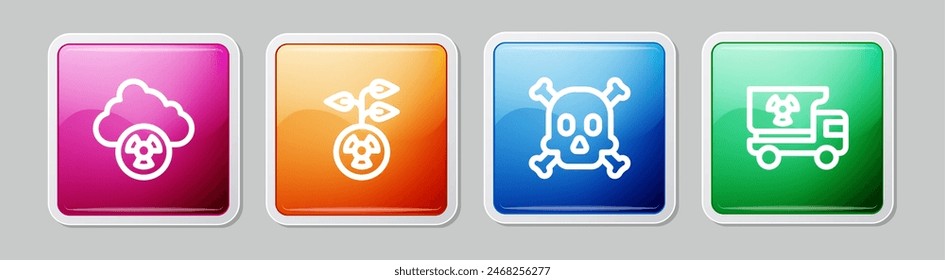 Set line Acid rain and radioactive cloud, Radioactive, Bones skull warning and Truck with radiation materials. Colorful square button. Vector