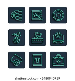 Set line Acid rain and radioactive cloud, Radioactive waste barrel, Radiation nuclear suitcase, Power button,  and cargo train icon. Vector