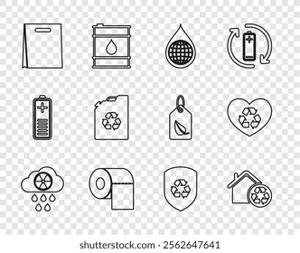 Set line Acid rain and radioactive cloud, Eco House with recycling, Earth planet water drop, Toilet paper roll, Shopping bag, fuel canister, Recycle inside shield and friendly heart icon. Vector