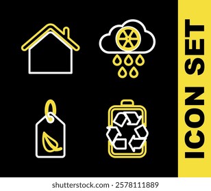 Set line Acid rain and radioactive cloud, Battery with recycle, Tag leaf and House icon. Vector