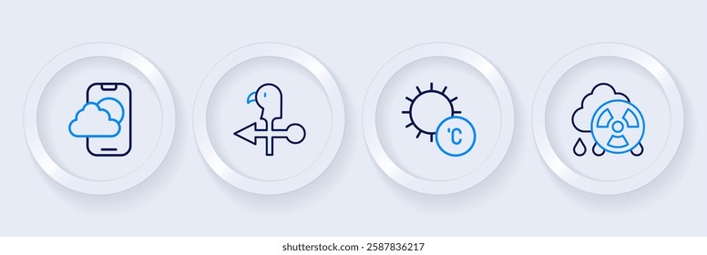 Set line Acid rain radioactive cloud, Sun, Rooster weather vane and Weather forecast app icon. Vector