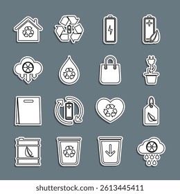 Set line Acid rain and radioactive cloud, Tag with leaf, Electric saving plug pot, Battery, Recycle clean aqua, Eco House recycling and Shopping bag icon. Vector