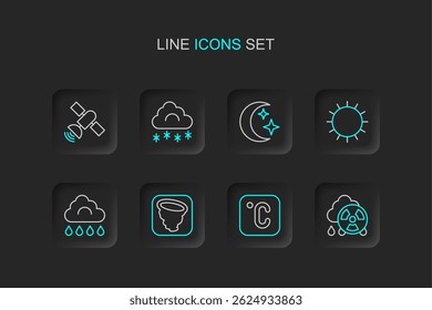 Set line Acid rain radioactive cloud, Celsius, Tornado, Cloud with, Sun, Moon and stars, snow and Satellite icon. Vector