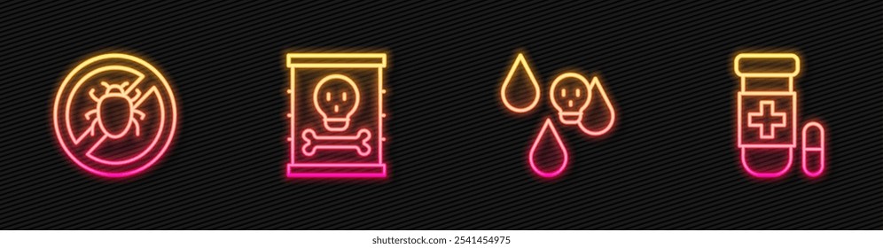 Set line Acid rain, Stop colorado beetle, Radioactive waste barrel and Antidote. Glowing neon icon. Vector