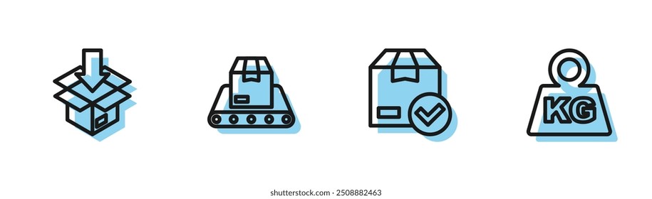 Defina a caixa de embalagem de linha com marca de seleção, Cartão de papelão, correia transportadora e ícone Peso. Vetor