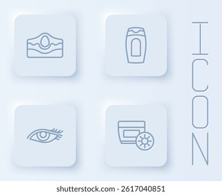 Set line Acne, Bottle of shampoo, Woman eye and Sunscreen cream in tube. White square button. Vector