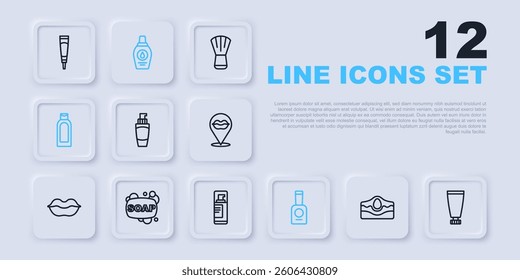 Set line Acne, Cream or lotion cosmetic tube, Tube of hand cream, Bottle nail polish, shampoo, Bar soap,  and Shaving gel foam icon. Vector