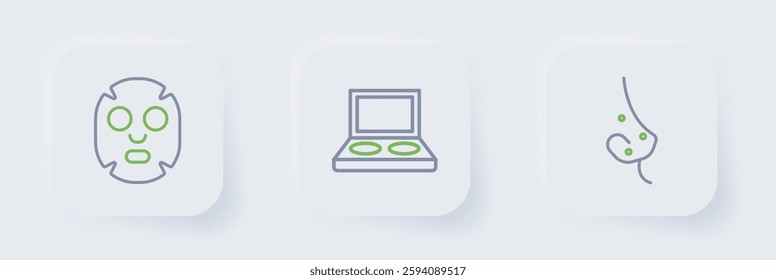 Set line Acne, Eye shadow palette with brush and Facial cosmetic mask icon. Vector