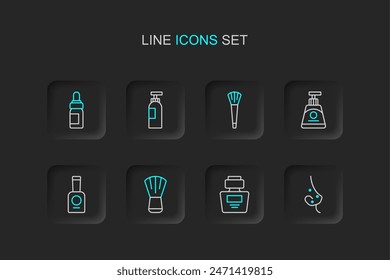 Set line Acné, Perfume, Cepillo de maquillaje, Botella de esmalte de uñas, Crema o loción tubo cosmético, champú e icono de botella de aceite esencial. Vector